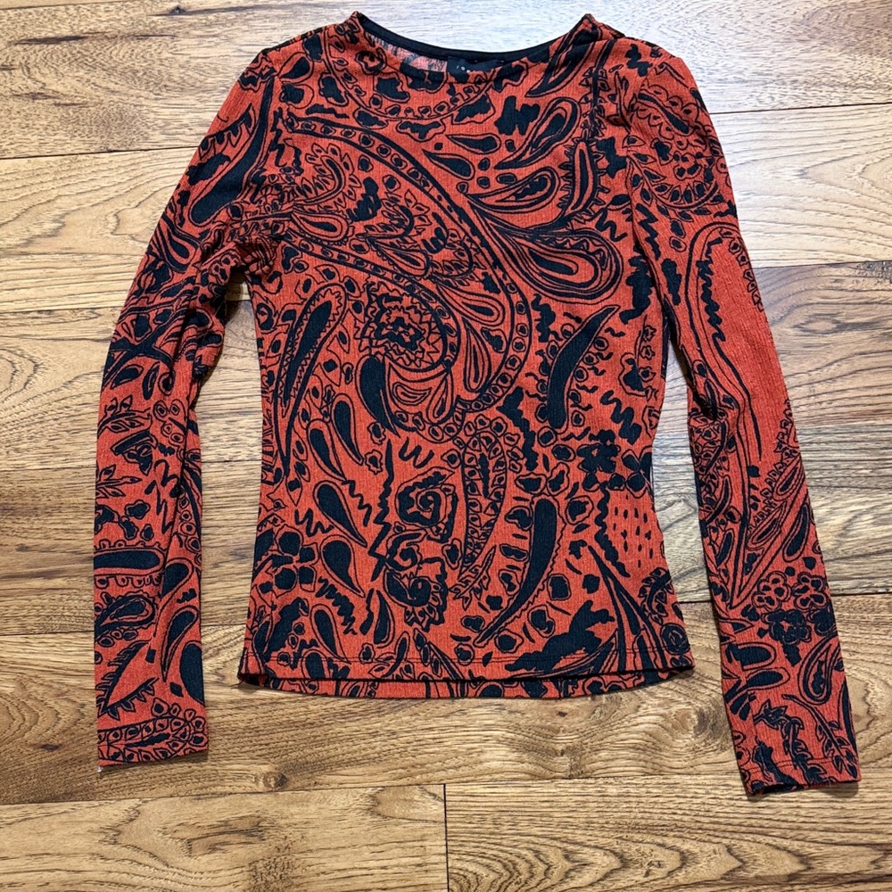 Topshop Rust Red & Black Paisley Long Sleeve Top